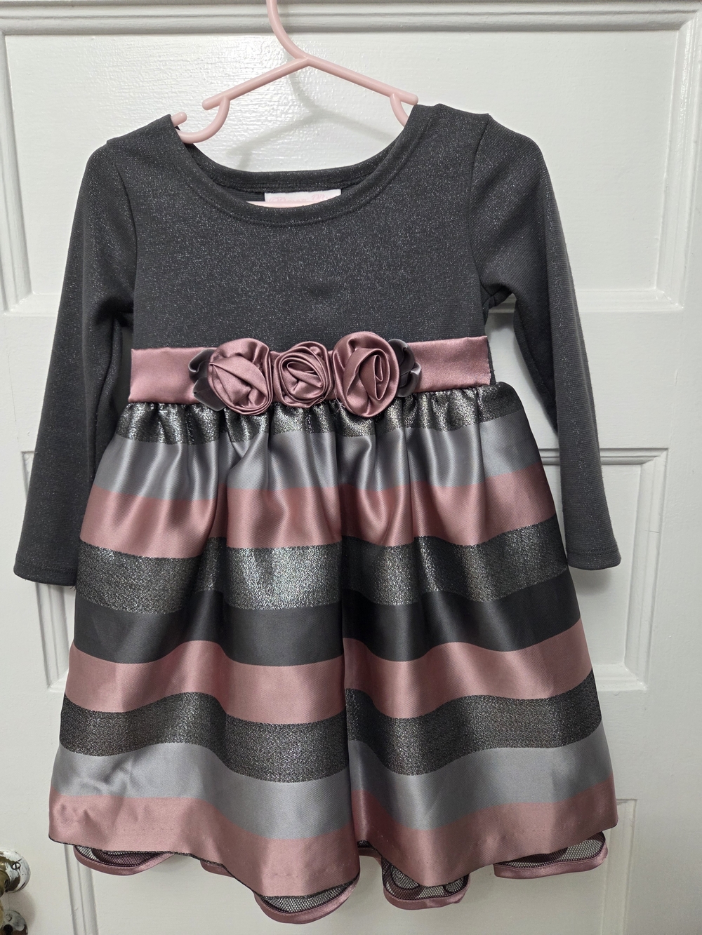 Bonnie Baby Rose Pink and Charcoal Metallic Stripe Party Dress